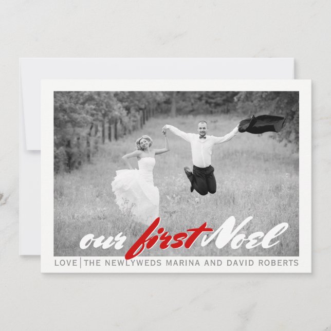 Modern newlywed Christmas red flat photo card (Front)
