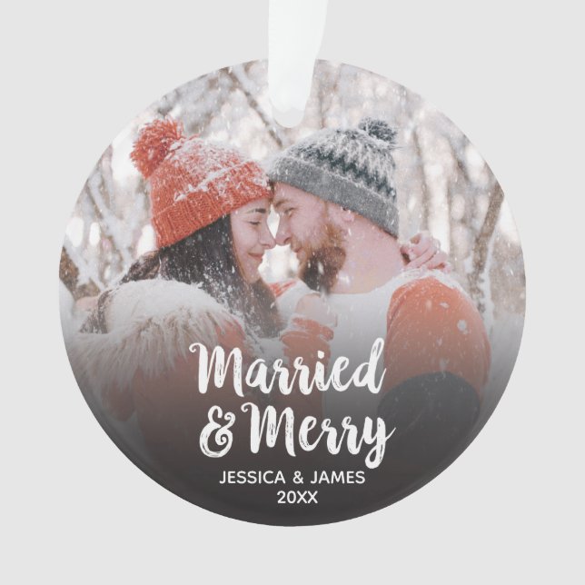 Modern Newlywed Married and Merry Photo Ornament (Front)