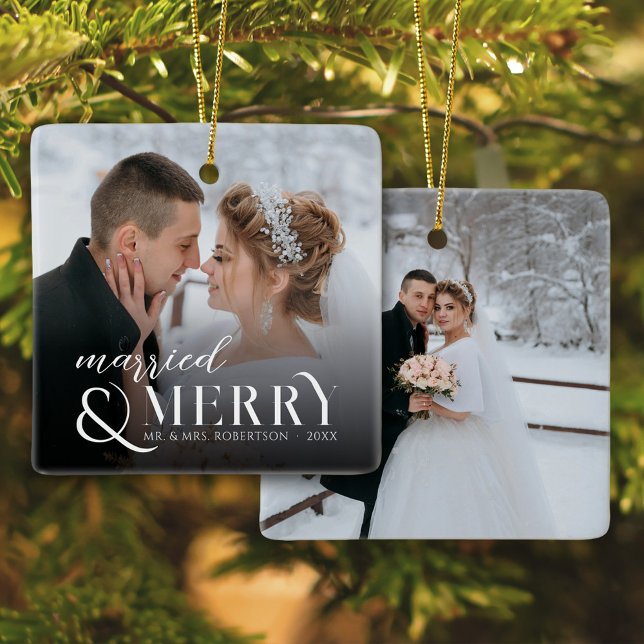 Modern Newlywed Married & Merry Christmas 2 Photo Ceramic Ornament (Creator Uploaded)