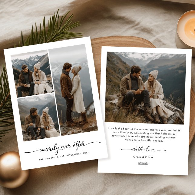 Modern Newlywed Merrily Ever After Christmas Photo Holiday Card (Creator Uploaded)