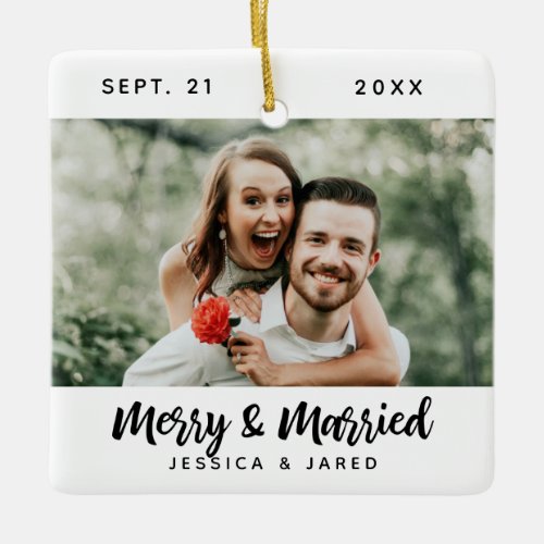 Modern Newlywed Merry and Married Photo Christmas Ceramic Ornament