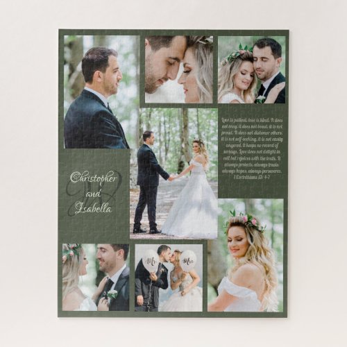 Modern Newlywed Photo Collage Names Monogram Text Jigsaw Puzzle