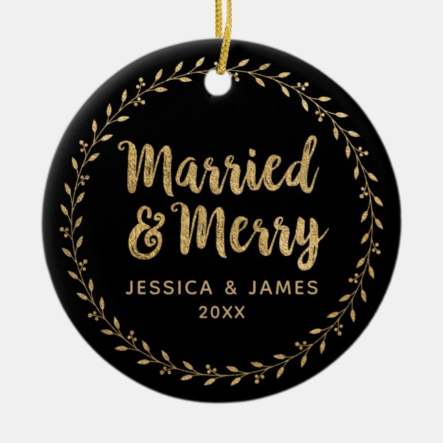 Modern Newlywed Photo Married and Merry Ceramic Ornament (Front)