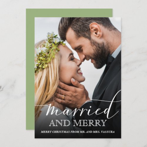 Modern Newlywed Photo Married and Merry Holiday Card