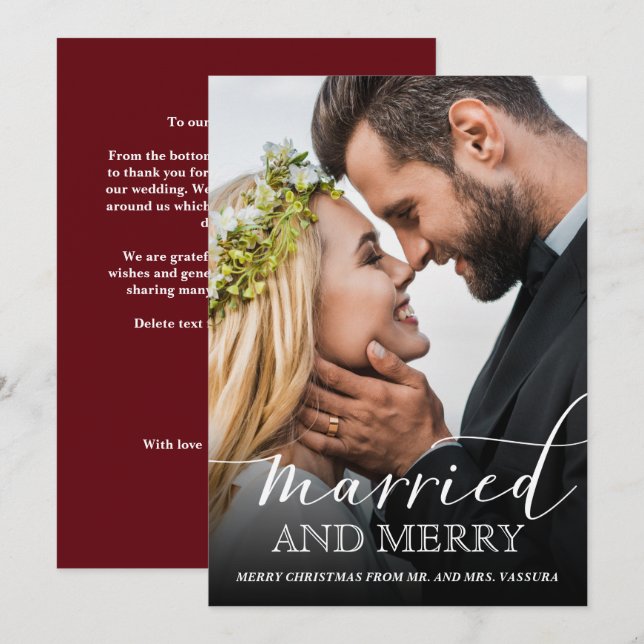 Modern Newlywed Photo Married and Merry Holiday Card (Front/Back)