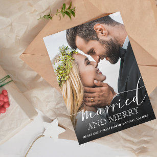 Modern Newlywed Photo Married and Merry Holiday Card
