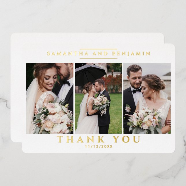 Modern Newlyweds 3 Photo Wedding Thank You Foil Invitation (Front/Back)