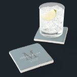 Modern Newlyweds Established Dusty Blue Monogram Stone Coaster<br><div class="desc">Give a perfect keepsake with this Modern Newlyweds Established Dusty Blue Monogram Stone Coaster. It is a modern customizable design in dusty blue, white and light grey. Bride and groom's first names are on the center in modern white handwriting script lettering and initial of new last name is in grey....</div>