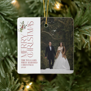 Modern Newlyweds First Married Christmas Photo Ceramic Ornament