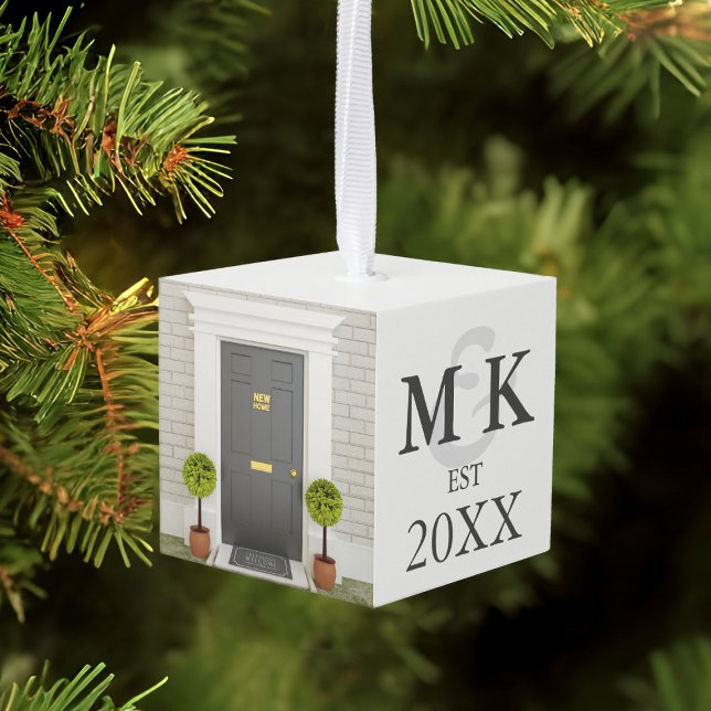 Modern Newlyweds Gift Year Est Cube Ornament (Welcome to your new home! Just add your initials and year to this modern cube ornament )