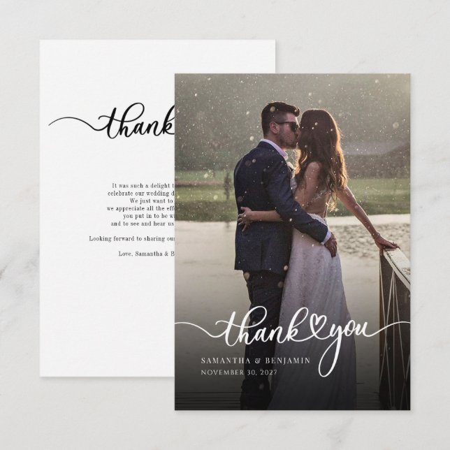 Modern Newlyweds Photo Hand-Lettered Wedding Thank You Card (Front/Back)