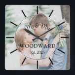 Modern Newlyweds Wedding Photo  Square Wall Clock<br><div class="desc">Modern newlyweds photo wedding photo clock in simple script and serif typography,  with your own photo,  married name,  and wedding date. there is a light tint over the photo so that the type will show up better. Simply upload your photo and customize the text.</div>