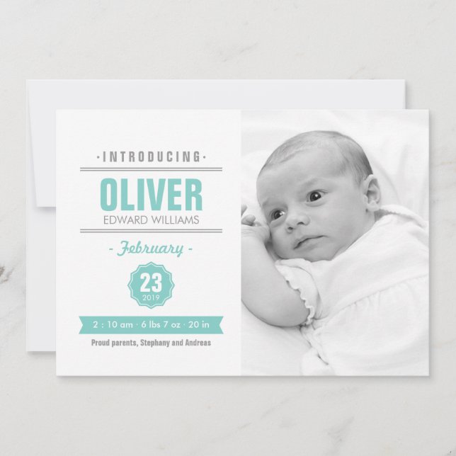Modern News Mint Baby Birth Photo Announcement (Front)