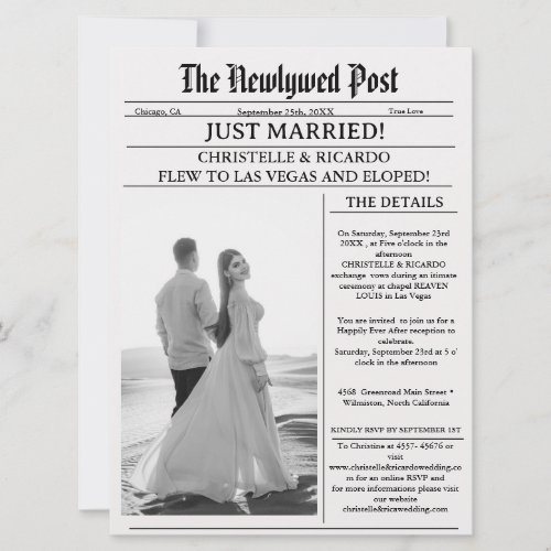Modern newspaper elopement just married announceme invitation