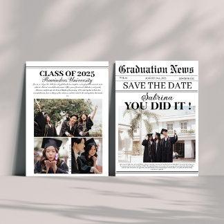 Modern Newspaper graduation unique photo Save The Date