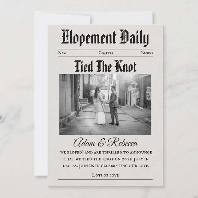 modern newspaper newlyweds elopement announcements (Front)