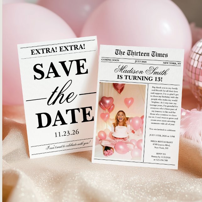 Modern Newspaper Photo 13th Birthday Invitation (Creator Uploaded)