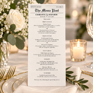 Modern Newspaper Photo Black White Wedding Menu