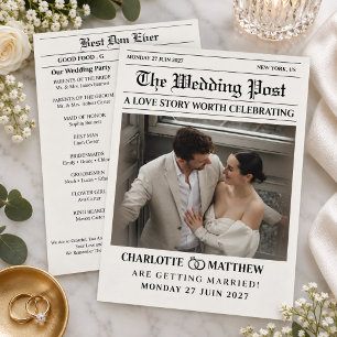 Modern Newspaper Photo Black White Wedding Program