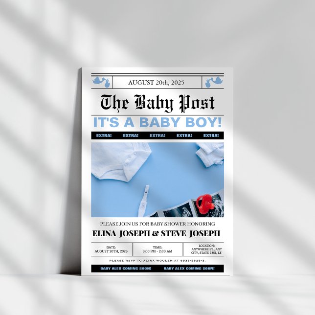 Modern Newspaper photo Boy Baby shower Invitation (Creator Uploaded)