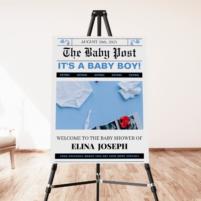 Modern Newspaper photo Boy Baby shower welcome Foam Board (Creator Uploaded)