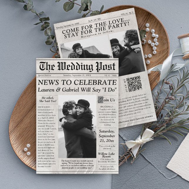 Modern Newspaper Photo QR Code Wedding Invitation (Modern trendy The Wedding Post newspaper 3 photo all-in-one wedding invitation QR code RSVP website )