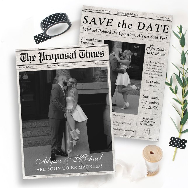 Modern Newspaper Photo The Proposal Times Trendy Save The Date (Trendy The Proposal Times Newspaper Style double sided black and white photo wedding save the date)