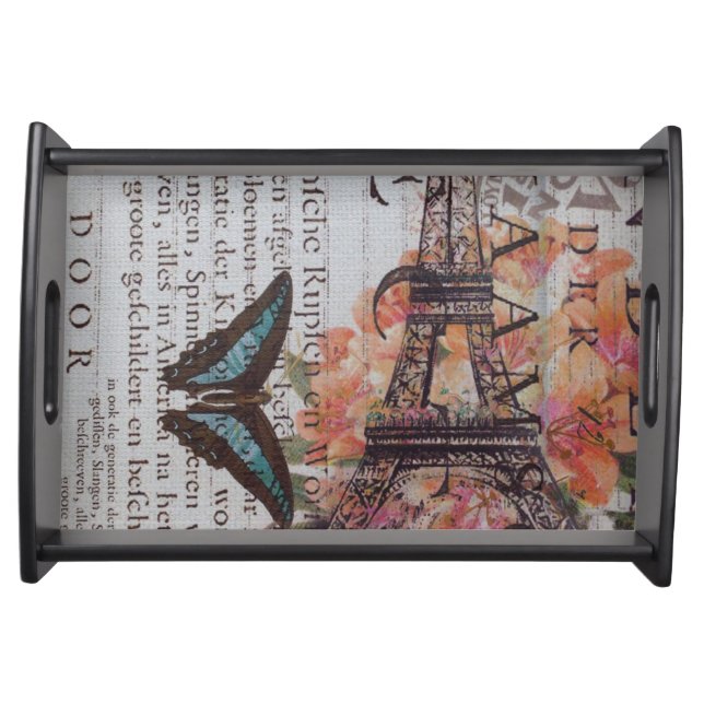 modern newspaper print french Paris Eiffel Tower Serving Tray (Front)