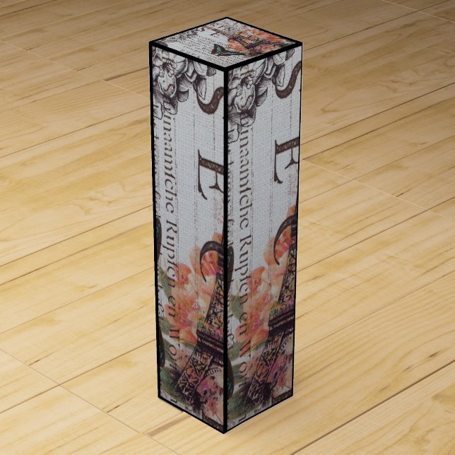 modern newspaper print french Paris Eiffel Tower Wine Gift Box (Front)