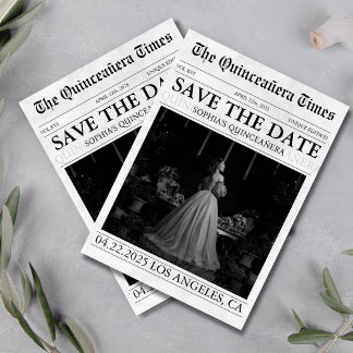 Modern newspaper quinceañera photo save the date invitation