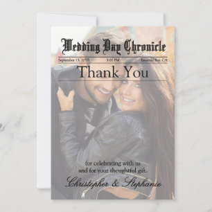 Modern Newspaper Wedding 1 Photo Elegant Monogram Thank You Card