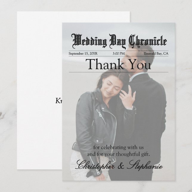 Modern Newspaper Wedding One Photo Elegant Script Thank You Card (Front/Back)