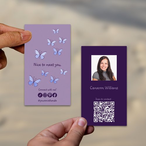 Modern Nice To Meet You Purple QR Code Social Business Card