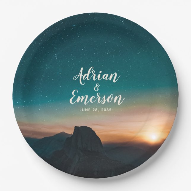 Modern Night Sky Mountain Galaxy Sunrise Wedding Paper Plates (Front)