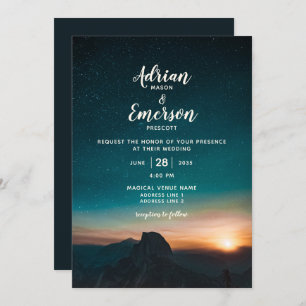 Modern Night Sky Mountain Sunrise Teal Wedding Invitation