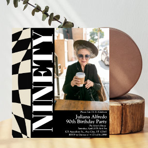 Modern Ninety Black 90th Birthday Party Photo Invitation