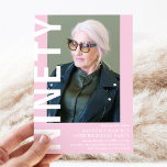 Modern NINETY Photo 90th Birthday Party Invitation<br><div class="desc">Modern 90th Birthday Invitation - Design features a pink background that can be changed to any color,  a portrait photograph,  the 'NINETY' in bold white font and an elegant birthday party template that can easily be personalized. Stylish,  trendy and perfect for any age!</div>