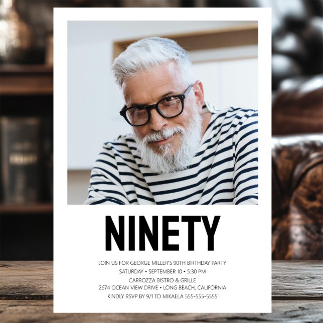 Modern NINETY Photo 90th Birthday Party Invitation (Creator Uploaded)