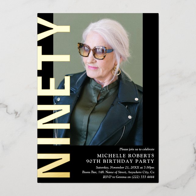 Modern NINETY Photo 90th Birthday Party Invitation Foil Invitation (Front)