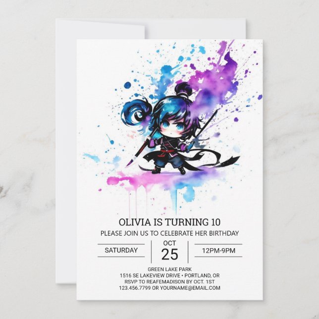 Modern Ninja Editable Girl Birthday Invitation (Front)