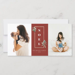 Modern NOEL Gold Winter Berry Frame Photo Red Holiday Card