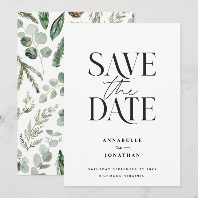 Modern non photo elegant watercolor botanical save the date (Front/Back)