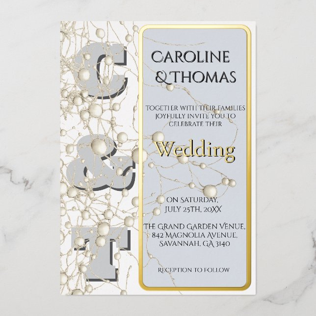Modern Nonconformist Pearl Gold Script Wedding  Foil Invitation (Front)