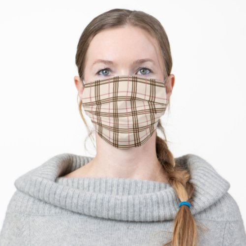 Modern nordic beige brown red pink tartan  adult cloth face mask