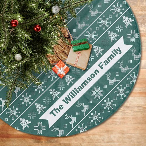 Modern Nordic Knit Ugly Sweater Green White Name Fleece Tree Skirt