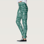Modern Nordic Knit Ugly Sweater Green White Trendy Leggings<br><div class="desc">Be a trendsetter as well as get into the holiday spirit with these cute Nordic style, ugly sweater knitted pattern, cozy leggings! Cute, whimsical trees, reindeer, snowflakes, and ornaments in white overlay a dusty green background. Get in the holiday mood, work out, run errands, or just hang out with family...</div>