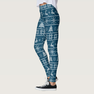 Modern Nordic Knit Ugly Sweater Navy White Pattern Leggings