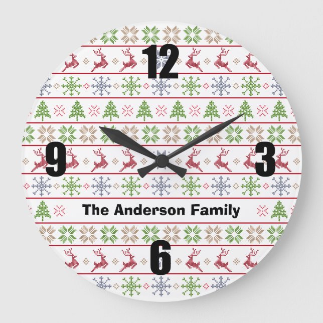 Modern Nordic Knit Ugly Sweater Red Green Name Large Clock (Front)