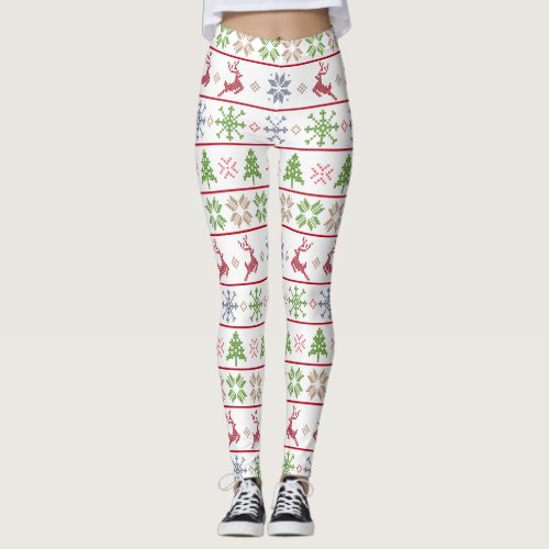 Modern Nordic Knit Ugly Sweater Red Green White Leggings