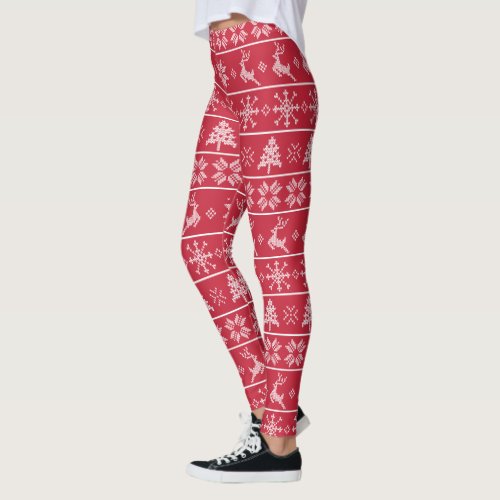 Modern Nordic Knit Ugly Sweater Red White Pattern Leggings